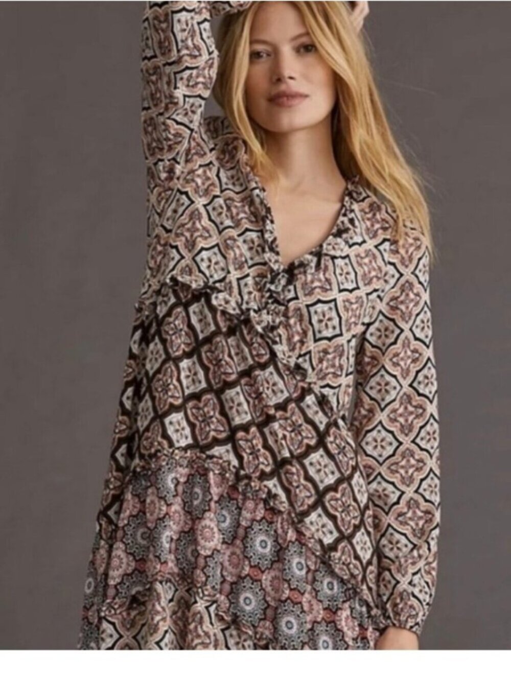 Anthropologie Tiered V-Neck Mini Dress Like new Loose boho Comfy Dress Size  L - Picture 11 of 16